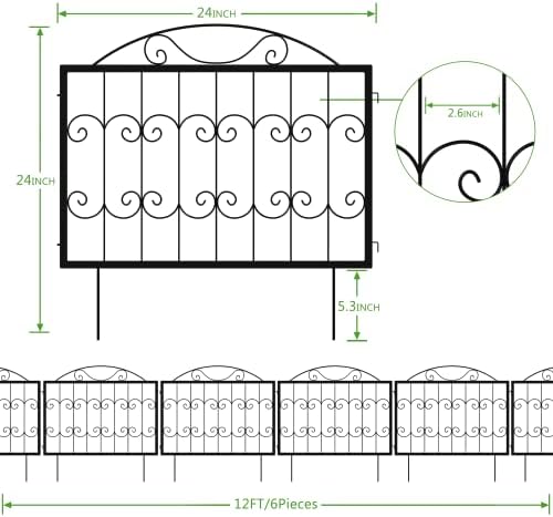 Garden Fence Wrought Iron Black Square Pipe Bent Hook Fence -24inch high -6 Pieces