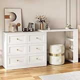 RoyalCraft Vanity Desk and Dresser Combo, 67' L Extendable Big Makeup Vainty with 6 Drawer Dresser and 3 Side Shelves, Wood Corner Vanity for Bedroom, Dressing Table for Women Girlfriend, White