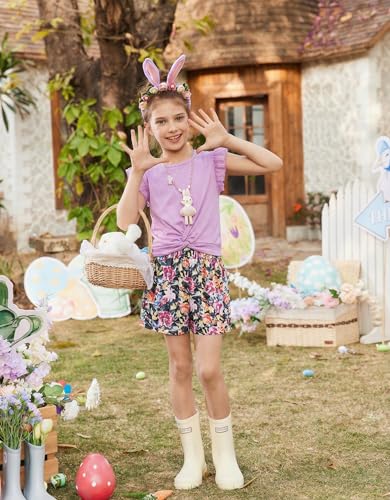 Image of Arshiner Girls Shorts Sets 2 Pieces Outfits Twist Front Ruffle Sleeve T-Shirts and Shorts With Pockets Cute Clothes Sets