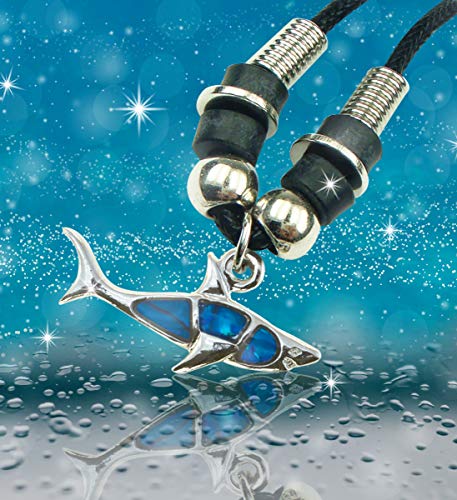 Aqua79 Blue And Silver Shark Necklace - Shark Jewelry Bohemian Pendant Necklace For Women And Men, Zinc Alloy And Natural New Zealand Abalone Jewelry Paua Shell Necklace Pendant - 18 Inches Long #TOP3
