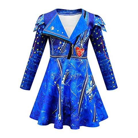 Eledobby Evie Descendants Costume Dress for Girls Long Sleeve V Neck Dresses Kids Cosplay Fancy Dress Halloween Dress Up Outfits Blue 7-8 Years Cover