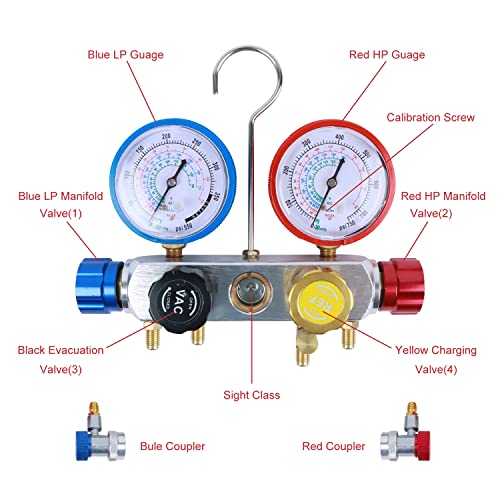 Fiwary 4 Way Ac Gauge Set, Ac Manifold Gauge Set Fits For R410A R22 R134A Refrigerant With 5Ft Hoses, R410A Adapters, Can Tap, In Storage Case #TOP6