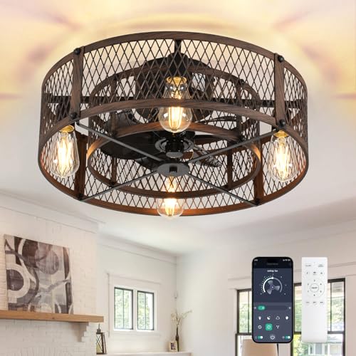 Depuley Ventilador de techo con jaula y luz: ventilador de techo de nogal de 20 pulgadas con control APP para dormitorio - Ventiladores de techo rústicos para cocinas rústicas
