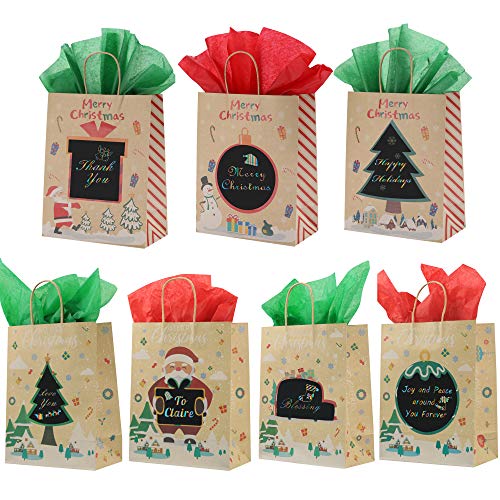 16 Pack Christmas Kraft Gift Bags with Tissue and DIY Scratch Paper Panel, 10 x 8 x 4 Inch 7 Designs Bulk Treat Bags for Christmas Wrapping Presents Xmas Party Favor Classrooms Holiday Bags