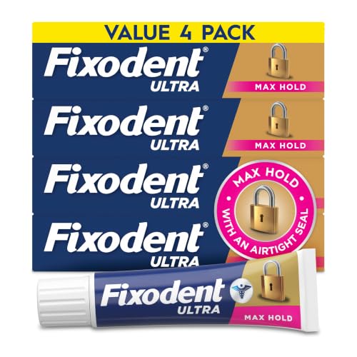 Fixodent Ultra Max Hold Secure - Crema adhesiva para prótesis completas y parciales, 2.2 onzas (paquete de 4)