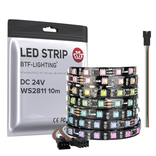 BTF-LIGHTING WS2811 DC24V 32FT adresseerbare RGB LED-strip 600LEDs 100Pixels droomkleur zwart PCB IP30 niet-waterdicht werkt met Arduino/Respberry/etc Voorkom spanningsval (geen adapter of controller)