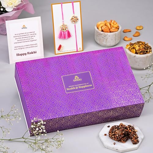 Image of Omay Foods Delicious Delicacies Rakhi Gift Hamper for Bhaiya Bhabhi | 8 Pcs | Roasted Snacks, Dry Fruits, Chocolate & Premium Kundan Couple Rakhi with Lumba | Rakhi Gift for Brother and Bhabhi