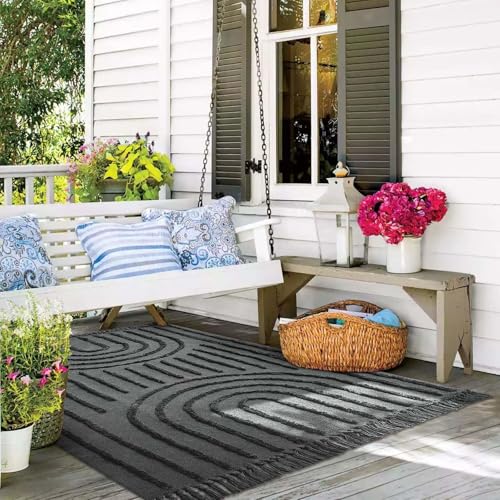 Image of LEEVAN Washable Living Room Rugs 4x6, Dark Grey Woven Kitchen Rug with Tassel, Modern Tufted Rainbow Bedroom Rug, Cute Farmhouse Floor Carpet for Patio/Nursery/Kids Room/Playroom/Classroom