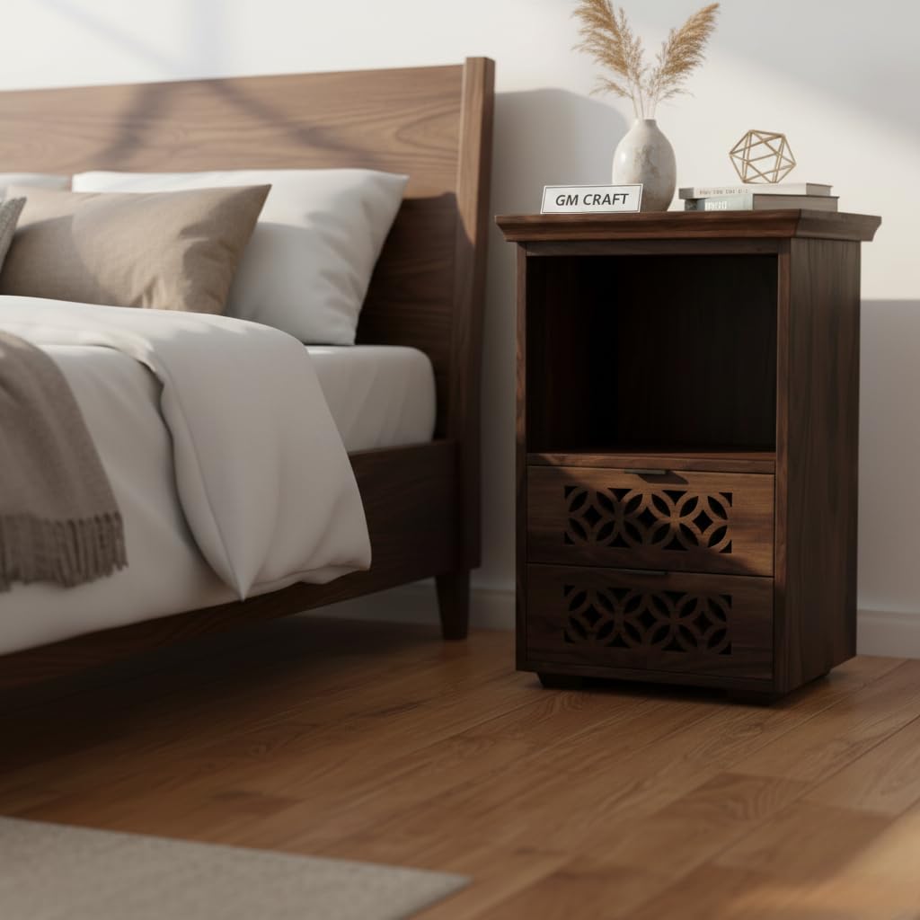 Sheesham Wood Bedside Table for Bedroom with 2 Drawer & Open Shelves Storage - Wooden Bedside Table with Drawer Storage Nightstand End Table for Living Room Sofa Side Table (Design 12)-picture-15