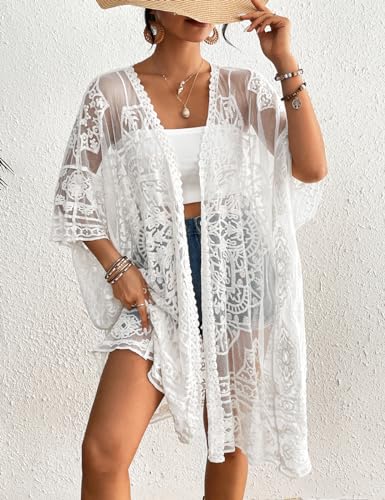 Bsubseach DY26504-CA Cover Ups For Swimwear Women Open Front Lace Kimono Cardigan Swimsuit Coverup Sheer Beach Dress White thumb #1