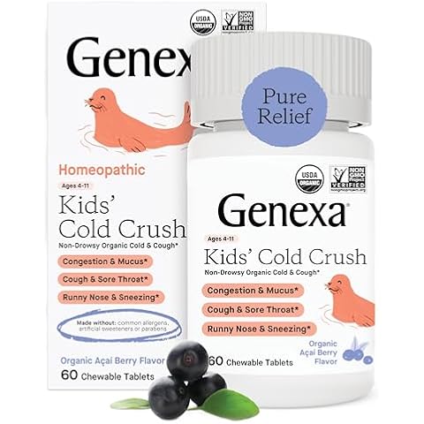 Genexa Kids' Cold Crush | Multi-Symptom Cough & Cold Relief for Children | Delicious Organic Acai Berry Flavor | Certified Organic & Non-GMO | Homeopathic Remedy Made Clean | 60 Chewable Tablets Cover