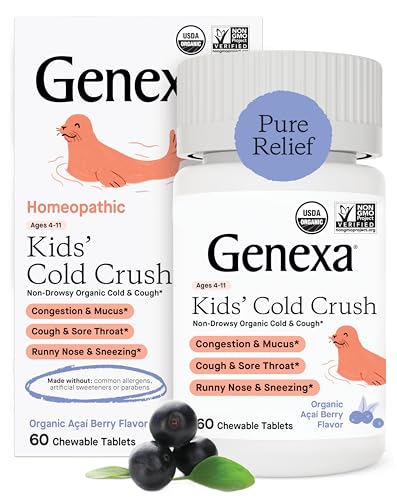 Image of Genexa Kids' Cold Crush | Multi-Symptom Cough & Cold Relief for Children | Delicious Organic Acai Berry Flavor | Certified Organic & Non-GMO | Homeopathic Remedy Made Clean | 60 Chewable Tablets