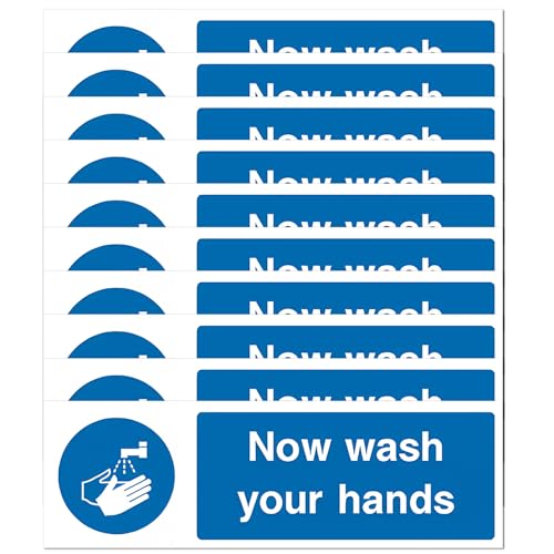 Image of Now Wash your Hands Sign, 10 Pack High-Tack Self Adhesive Vinyl Sticker Landscape Orientation Removable Waterproof Stickers Safety Warning Signage Health and Safety Signs Blue (150mmx50mm)