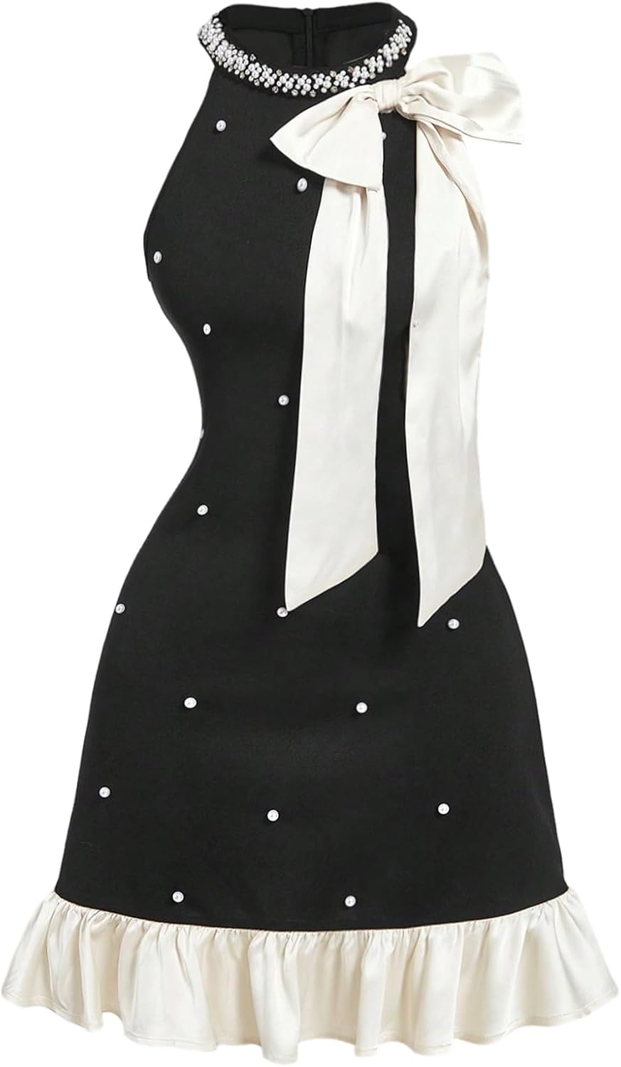 Floerns Women's Cute Bowknot Halter Dress Pearl Beaded Ruffle Hem Party Mini Dresses