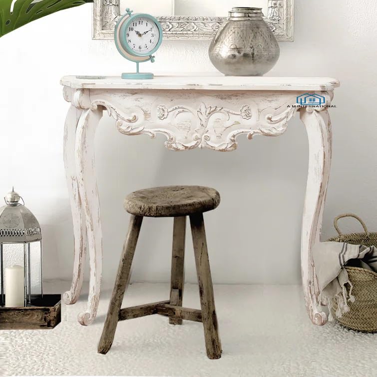 Wooden Carved Console Table in Solid Mango Wood with Antique White Distress Finish for livingroom, Hall, enterway, Office Size 30 * 36 * 15 inch (Distress) (M1) (M2)