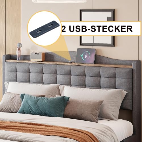 Łóżko tapicerowane ze stolikiem nocnym, USB-C i dużą ilością miejsca do przechowywania | łóżko podwójne 140 x 200 cm, łącznie z 4 szufladami i stelażem | nowoczesna rama łóżka w kolorze lnu