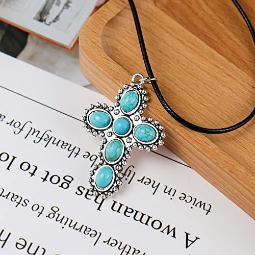 Natural Turquoise Necklace Boho Western Necklaces Jewelry for Women Men Bull Head Cow Tag lightning Bolt Necklace Horseshoe Necklace Hippie Accessories Cross Bar Pendant Necklace 90S Cowgirl Cowboy Jewelry 4 Pieces2