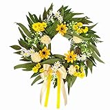 22 Inch Spring Wreath for Front Door, Artificial Green Wreath with Vibrant Daisy and Yellow Bow for All Season Indoor Outdoor Farmhouse Wedding Holiday Decor