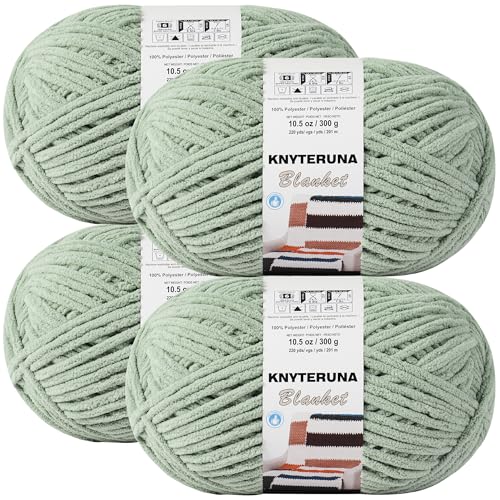 Knyteruna #6 Super Bulky Blanket Yarn for Crocheting - 4 Skeins(Each 10.5oz/300g 220yds/201m) Chunky Chenille Thick Plush Big Soft Yarn for Crocheting Knitting Blankets Sage Green