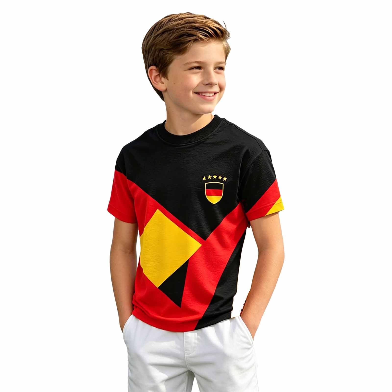 Children's Football Jersey Sporty Leisure Shirt German Flag 2026 Holiday Vintage Germany T-Shirt, Short Sleeve Round Neck Tee, Printing Loose Top (12-13 Years) A-Black