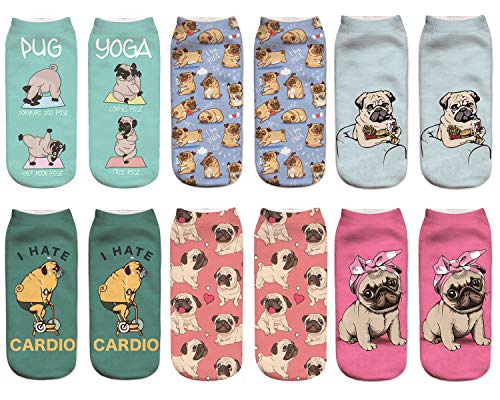 Benefeet Sox Womens Girls Funny Crazy Ankle Socks Fun Novelty 3D Print Pattern Silly Cute Socks Animal Food Socks, 6 Pair-pug, One size