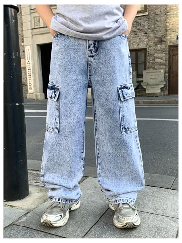 Boy's Denim Cargo Pants Vintage High Waisted Straight Leg Baggy Jeans with Pockets4