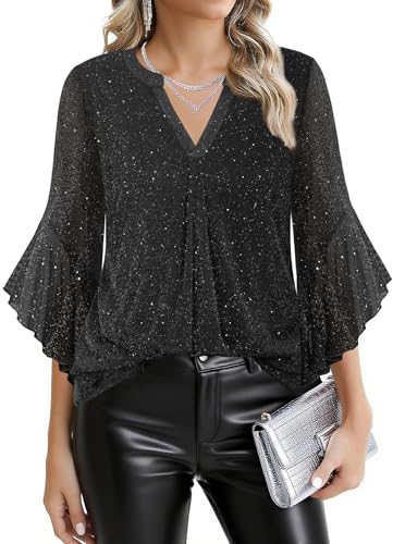 Ninedaily Womens Tops 3/4 Sleeve Dressy Casual Blouses Double Layers V Neck Shirt
