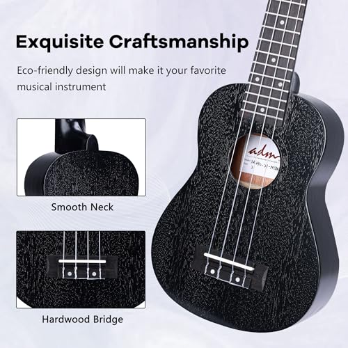 Image of ADM Ukulele for Beginners Hawaiian Sapelewood Ukelele Kit for Adult Student Starter Professional Ukalelee Pack Bundle with Free Lessons Gig Bag Strap Nylon String Tuner (Black-Sapele, 21 Inch)
