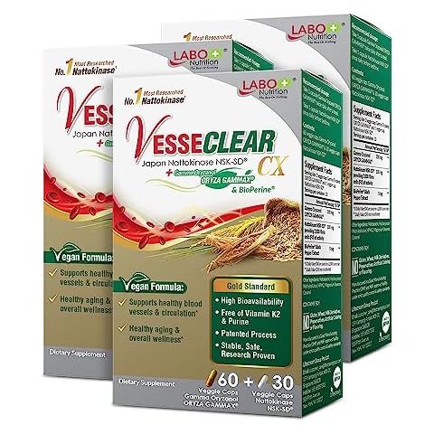 LABO Nutrition VesseCLEAR CX: Nattokinase NSK-SD + Gamma Oryzanol for Clean Blood Vessel & Healthy Ageing, Japan's Most Clinically Studied, For Healthy Cholesterol, Heart, Vegan, Acid-Resistant, 60sx3 Cover