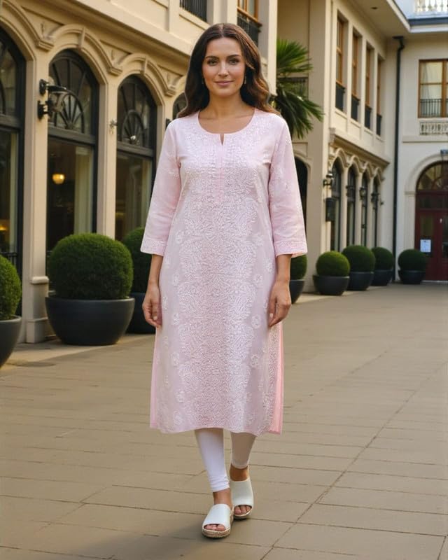 Image of Eddika Women's Cotton Teri Voil Hand-Embroidered Chikankari Kurta | Elegant Lucknowi Style Ethnic Wear