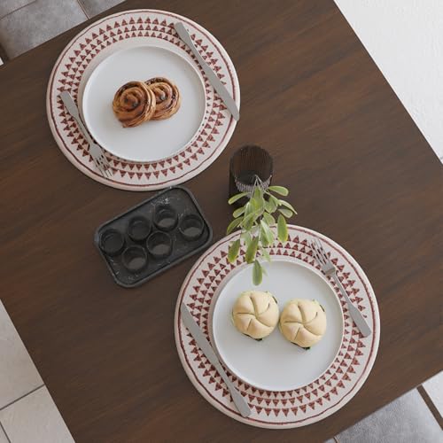 Image of Dining Table Mats Set of 2 | Cotton Table Mat 32 cm Diameter, Ecasa XO Washable Round Table Mats, Heat Resistance Dining Table Placemats, Handmade Ribbed Style for Centre Table, Maroon Mandala-3 Print