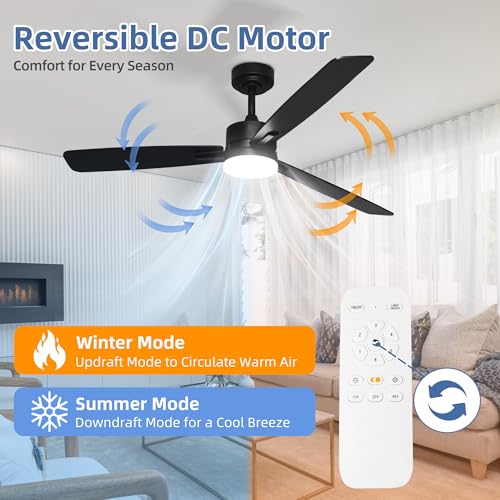 Image of hykolity 52 Inch Modern Black LED Ceiling Fan with Light and Remote Control