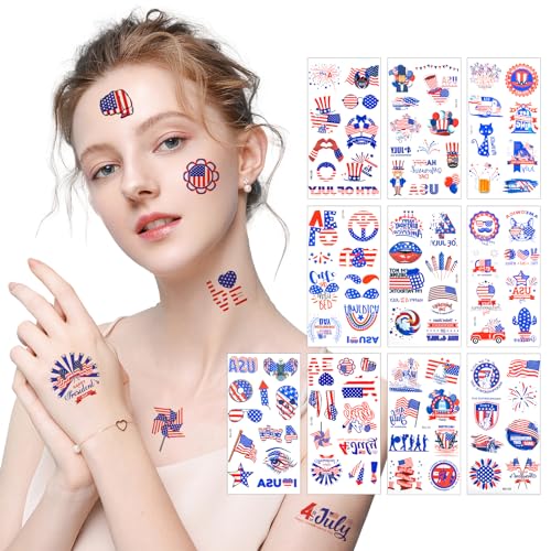 100PCS 4th of July Temporary Tattoos, Fourth of July Patriotic Tattoo, America Flag Red White and Blue Face Tattoo Stickers, Party in the USA Memorial Independence Labor Day Makeup Accessories