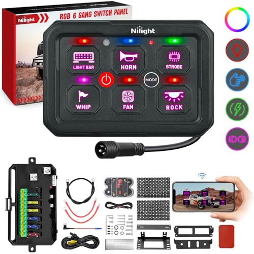 Nilight 6 Gang Switch Panel Circuit Control Relay System APP RGB Backlight Fuse Wiring Harness Toggle Momentary Strobe Flash Modes Automatic Dimmable 12V 24V for Car Truck Camper SUV