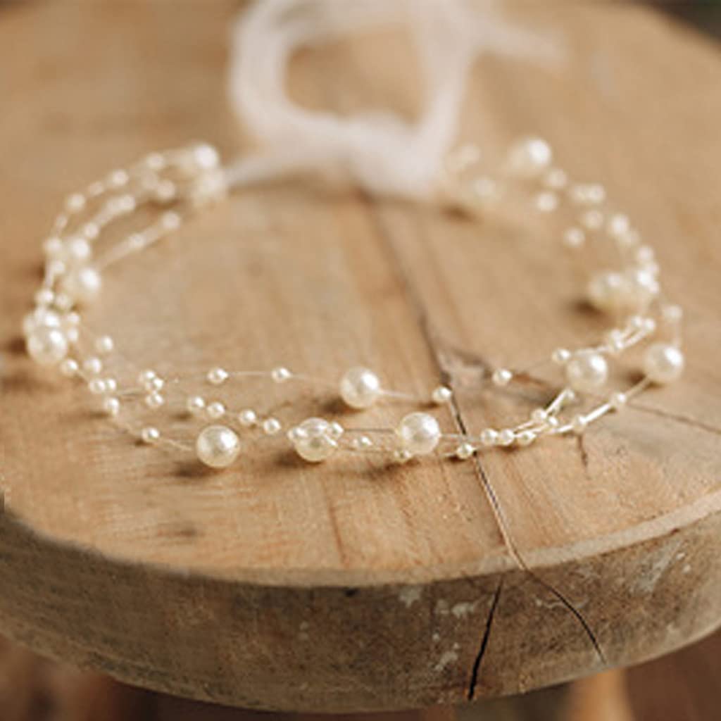 Philsp Women's Beige White Baby Necklace Newborn Photography Prop Baby Pearl Headband Princess Infant Headdress Hair Band