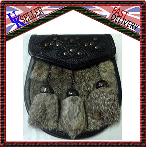 SHYNE KILTS U.K Gris de Piel de Conejo escocés Celta Stud presupuesto Semi Vestido, escarcela Acabado Cromado borlas
