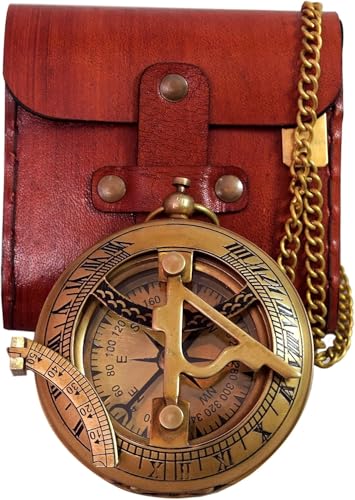Brújula de bolsillo de latón con reloj de sol y estuche de cuero, herramienta náutica vintage para aventuras al aire libre y coleccionistas miniatura 5