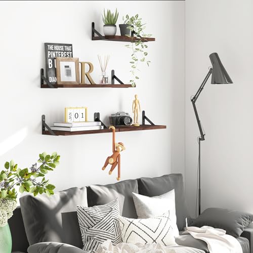 Image of YGEOMER Floating Shelves for Wall, Different Sizes Dark Carbonized Pine Wall Shelves for Living Room, Bathroom, Bedroom, Kitchen, Home Decor (Set of 4)