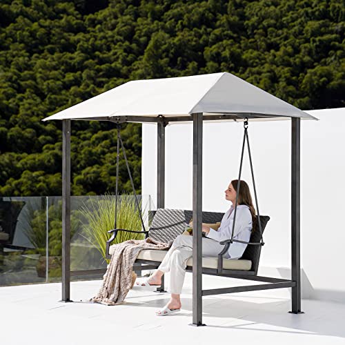 Beige Outdoor Patio Swing Chair with Canopy, 3-Seat Porch Swing