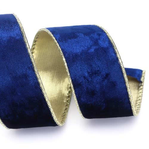 Image of Ribbli Royal Blue Velvet Wired Ribbon 1.5 Inch Metallic Blue Gold Crushed Velvet Christmas Ribbon for Gift Wrapping Christmas Tree Decoration Crafts Wreaths Supplies-Continuous 10 Yards
