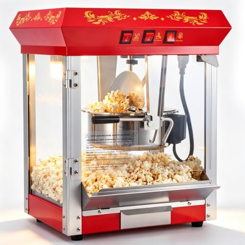 Image of 8 Oz Popcorn Machine with Stainless-Steel Kettle Makes Up to 32 Cups, Vintage Movie Theater Pop Corn Popper with 3-Switch Control, Waste Kernel Drawer, 2 Scoop, Glove & Popcorn Bags