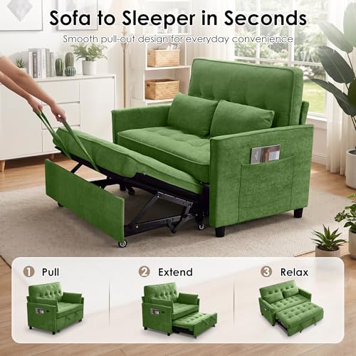 Image of Dreamzie 55'' 3 in 1 Convertible Sofa Bed with USB Charging Ports, Pull Out Couch with Adjustable Backrest and Side Pockets, Sleeper Sofa for Living Room, Apartment, RV, Easy Assembly - Green
