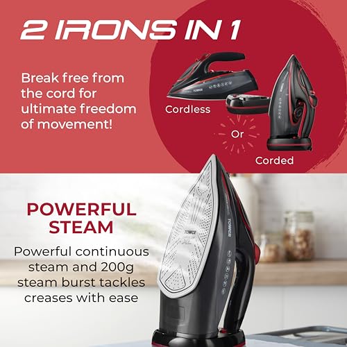 Tower T22035RED Cord/Cordless Steam Iron with Ceraglide XL Ceramic Soleplate, Thermostatic Dial Control, Anti-Calc & Anti-Drip Functions, Auto Shut Off, 350ml Water Tank, 3100W, Red & Black - Image 5