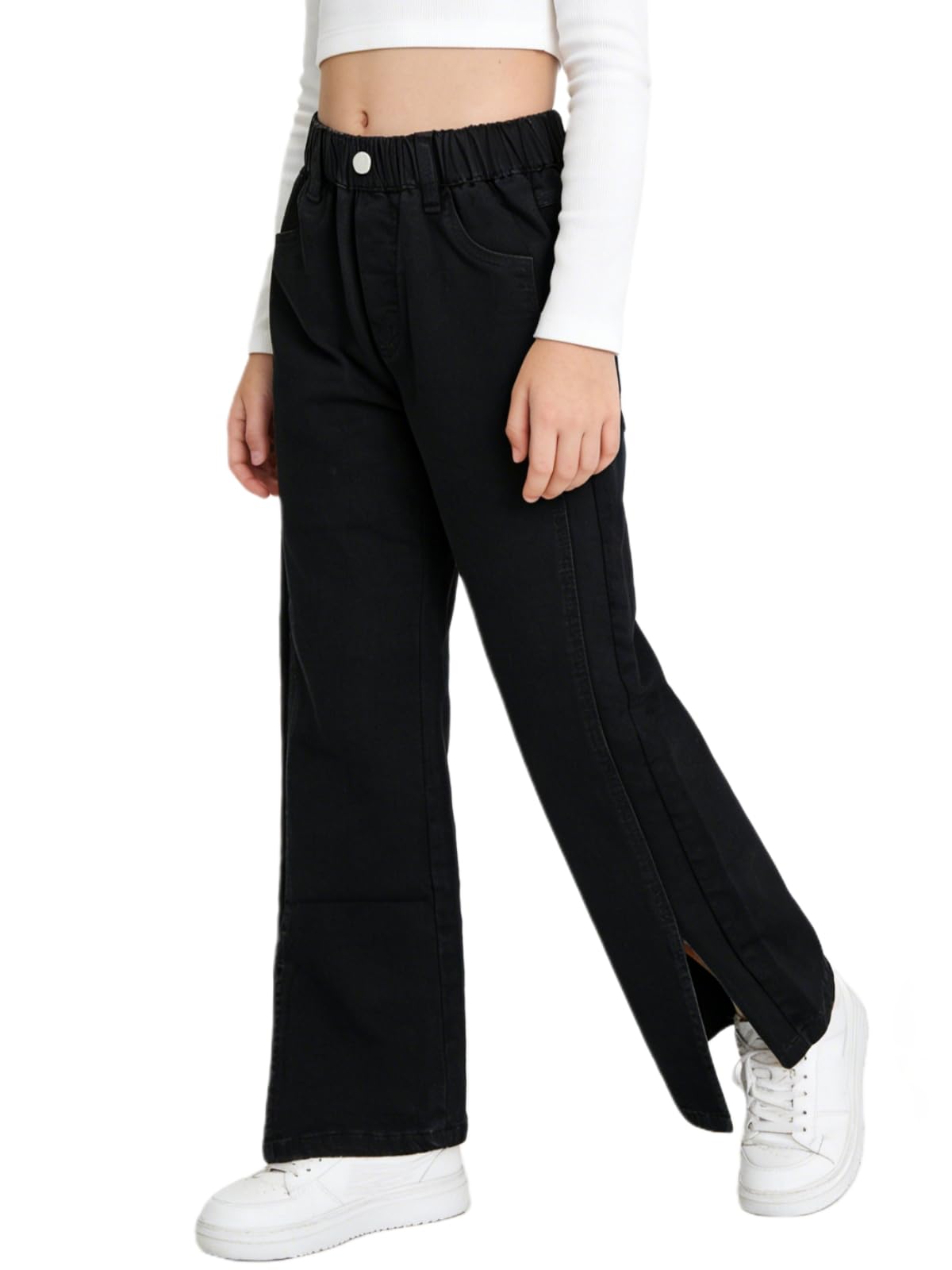 Rolanko Mädchen Baggy Jeans, Hoher Elastischer Bund Weites Bein Denim Hosen Loose Bootcut für Kinder 6-15 Jahren