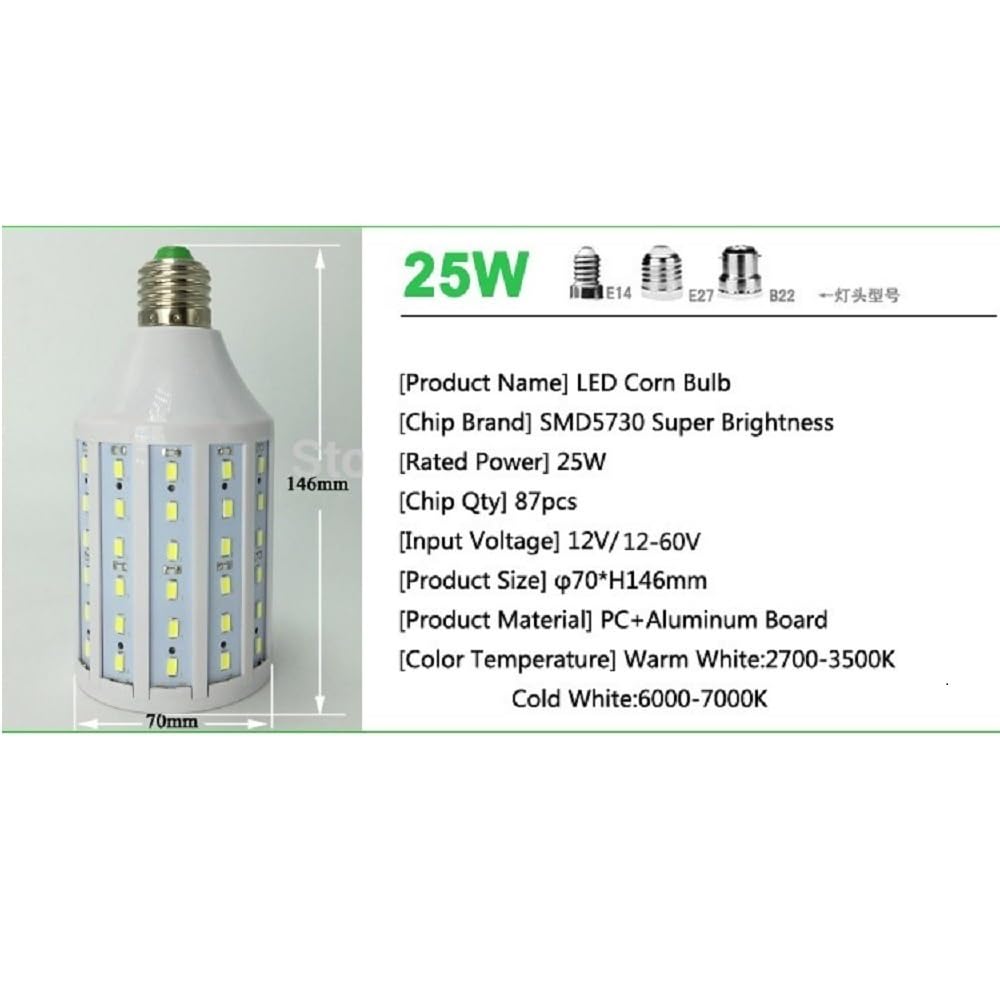 RZL Iluminación, Paquete de 20 bombillas LED tipo maíz, DC12 V, E27, 7 W, 10 W, 15 W, 18 W, 25 W, 5730 SMD, ángulo de haz de 360 ​​grados, for jardín y garaje(E27 base Warm White,12v 10w)