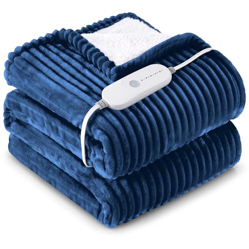 HYLEORY Heated Blanket Electric Throw, Soft Flannel Sherpa Heater 5 Heat Settings and 3 Hours Auto Shut-Off Heating Blanket ETL Certification Over-Heat Protection Machine Washable,Navy Blue
