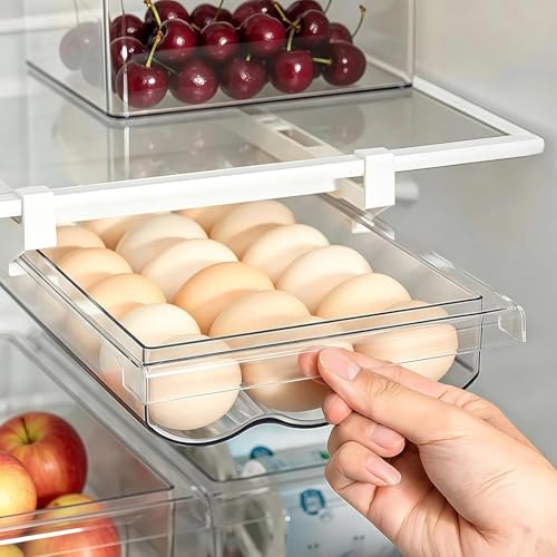 Fridge Egg Organizer Holder for Refrigerator Egg Storage Box with Soft Bumpers & Handle Space-Saving Automatic Steady Rolling Egg Container Fit for Refrigerator Shelf Under 0.6 Inch Easy to Install