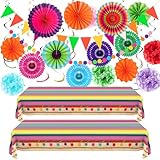 35 Pieces Mexican Fiesta Party Decorations Cinco De Mayo Party Decorations Multicolor Mexican Tablecloth Serape Blanket Fiesta Paper Fan Pom Poms Flowers Fiesta Garlands Flags Hanging Swirls