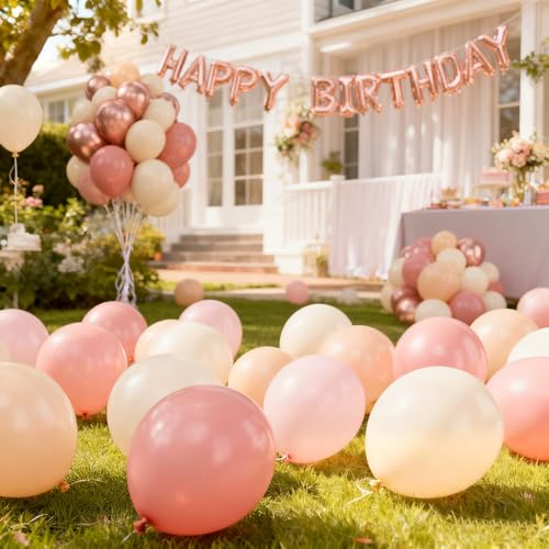 Image of 60pcs Dusty Pink Balloons 12 Inch Blush Pink Dusty Rose Nude Balloons Ivory White Metallic Rose Gold Decorations for Boho Baby Shower Girl Birthday Party Wedding Bridal Shower Party Decorations