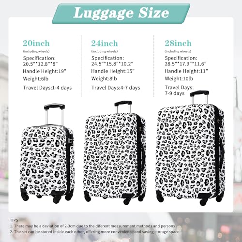 Hardshell Luggage Set 3 Pcs Spinner Suitcase Lightweight, Expandable Design 20" 24" 28" in White and Black Leopard2